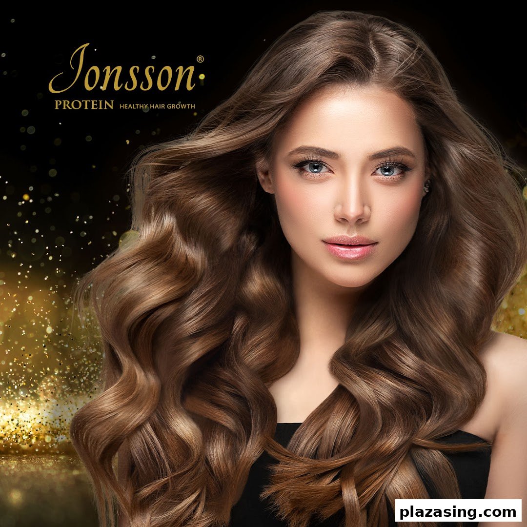 A woman with long, healthy, wavy brown hair, showcasing Jonsson Protein's focus on hair growth.