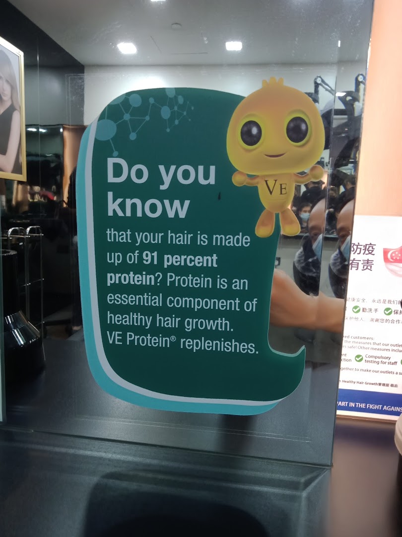 A shop window decal promoting hair growth with protein, featuring a cartoon character.