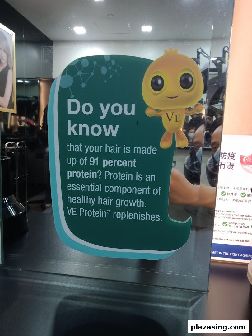A shop window decal promoting hair growth with protein, featuring a cartoon character.