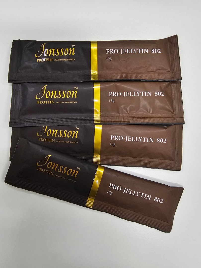 Multiple sachets of Jonsson Protein PRO-JELLYTIN 802, a healthy hair growth supplement.