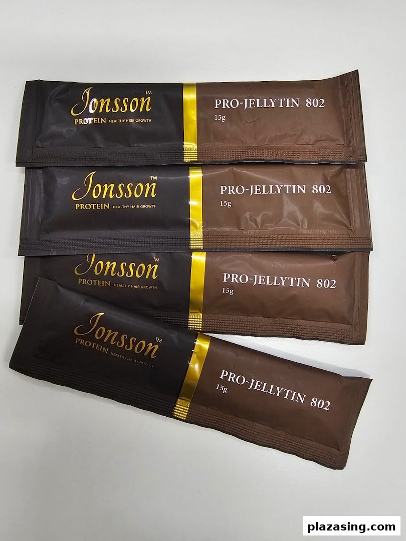 Multiple sachets of Jonsson Protein PRO-JELLYTIN 802, a healthy hair growth supplement.