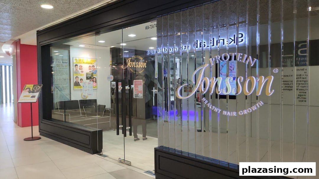 The storefront of Jonsson Protein, a hair treatment center, featuring its logo and interior view.