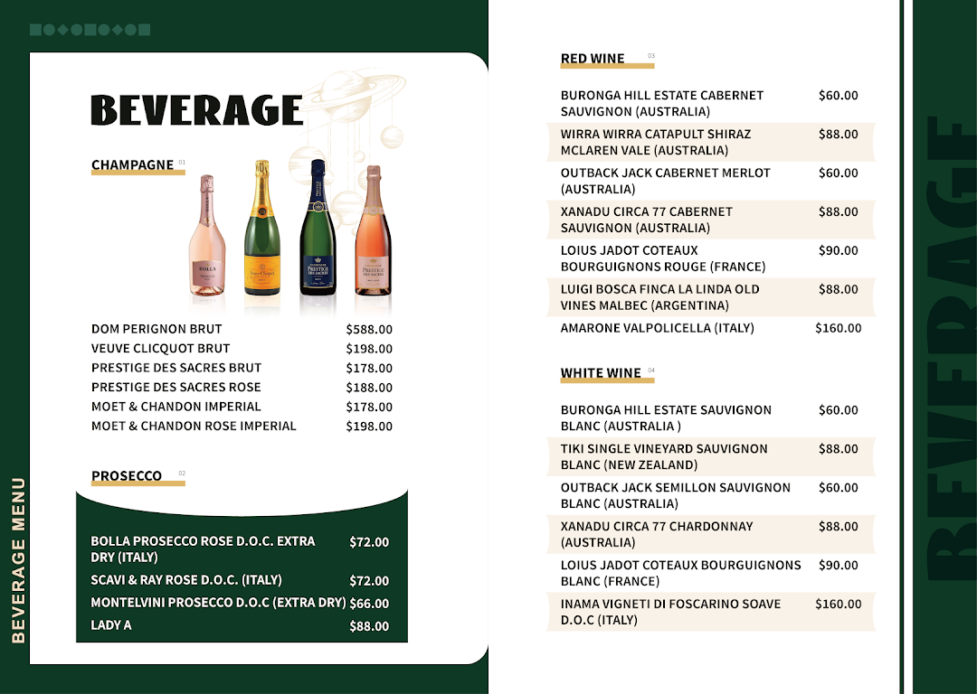 A comprehensive beverage menu featuring champagne, prosecco, red, and white wines with prices.
