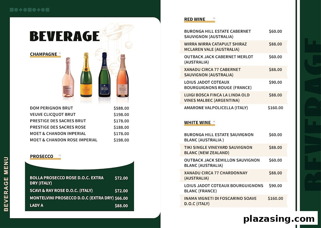 A comprehensive beverage menu featuring champagne, prosecco, red, and white wines with prices.