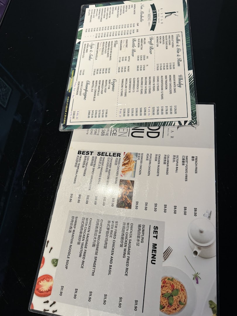 Two detailed menus from K.STAR, showcasing a wide range of food and beverage options.