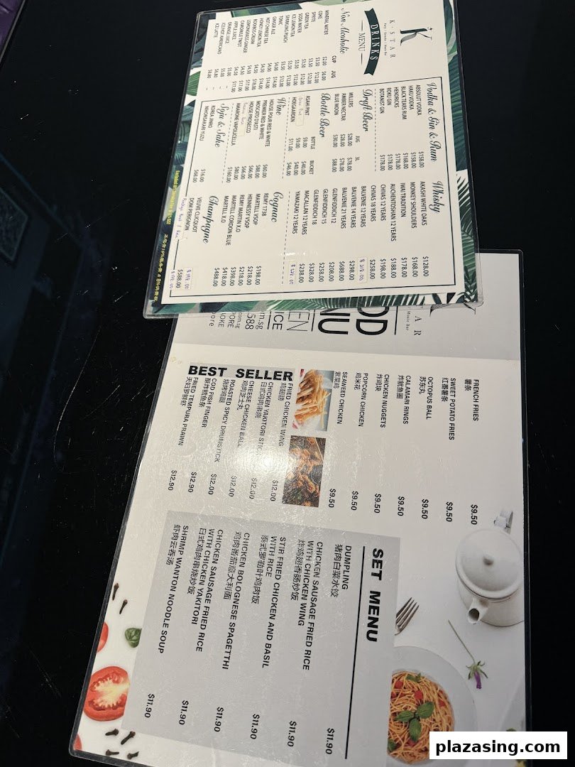 Two detailed menus from K.STAR, showcasing a wide range of food and beverage options.