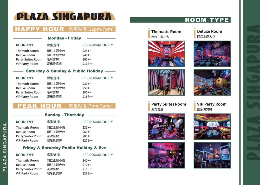 K.STAR Plaza Singapura's karaoke room types, hourly rates, and pricing periods.