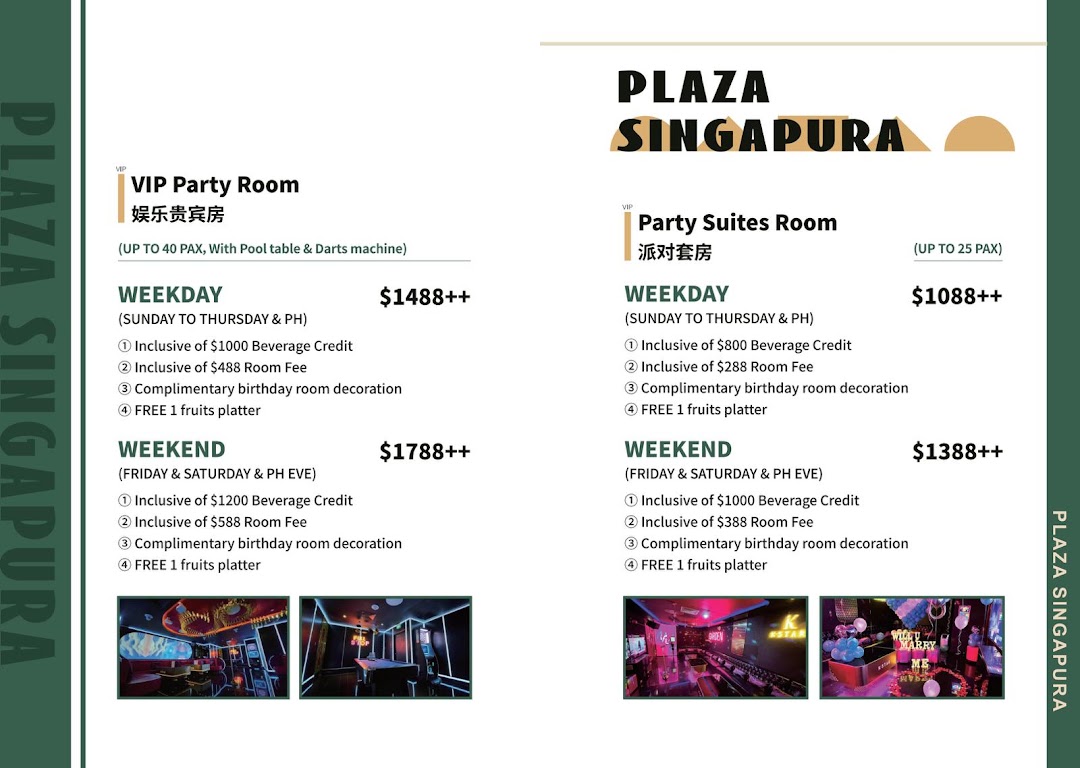 K.STAR Plaza Singapura's party room packages, detailing VIP and Party Suites options with prices and inclusions.