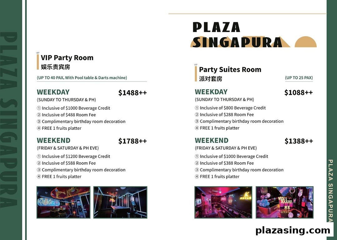 K.STAR Plaza Singapura's party room packages, detailing VIP and Party Suites options with prices and inclusions.