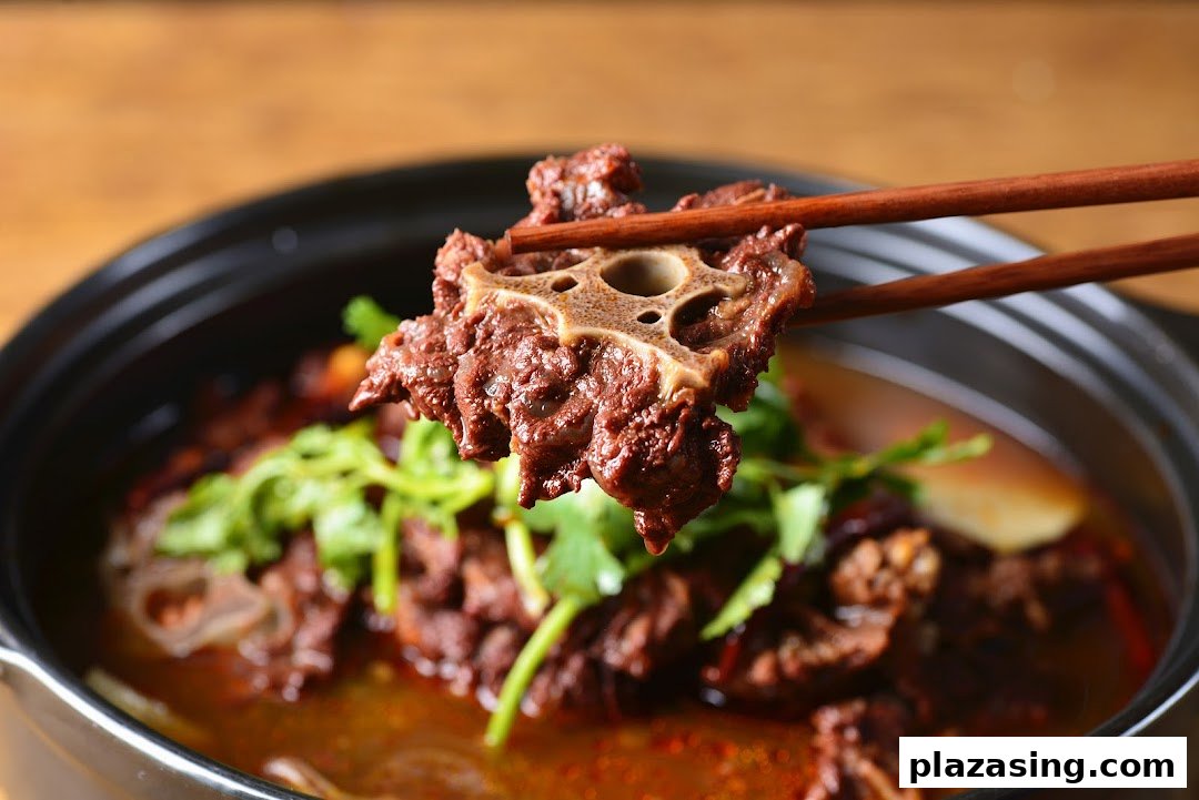 Chopsticks lifting a piece of braised oxtail from a rich, savory stew in a black pot.