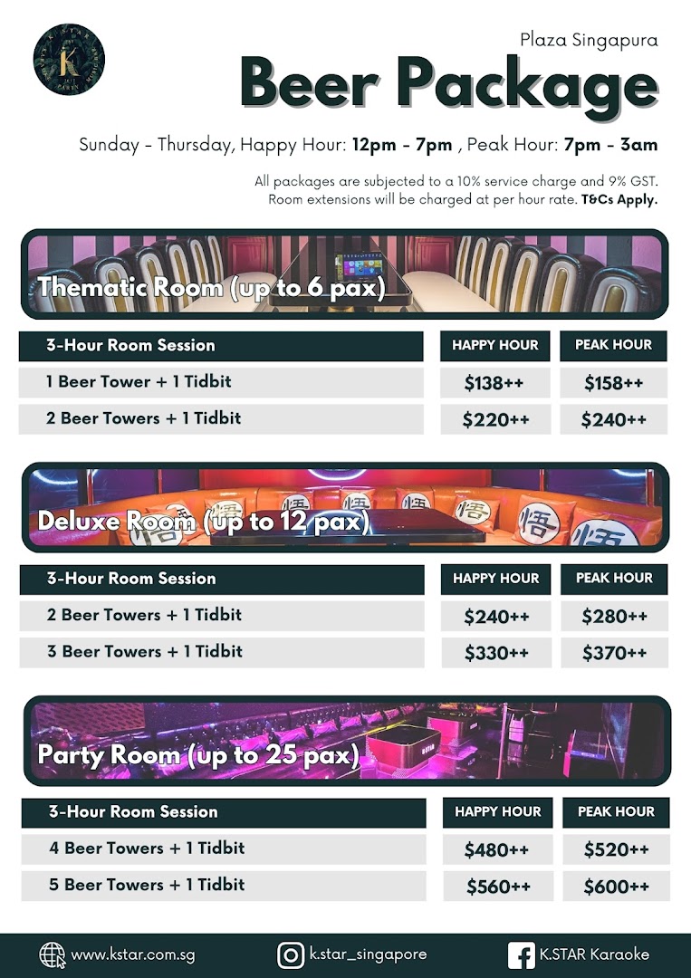 K.STAR Plaza Singapura's Beer Package menu detailing room types and pricing.