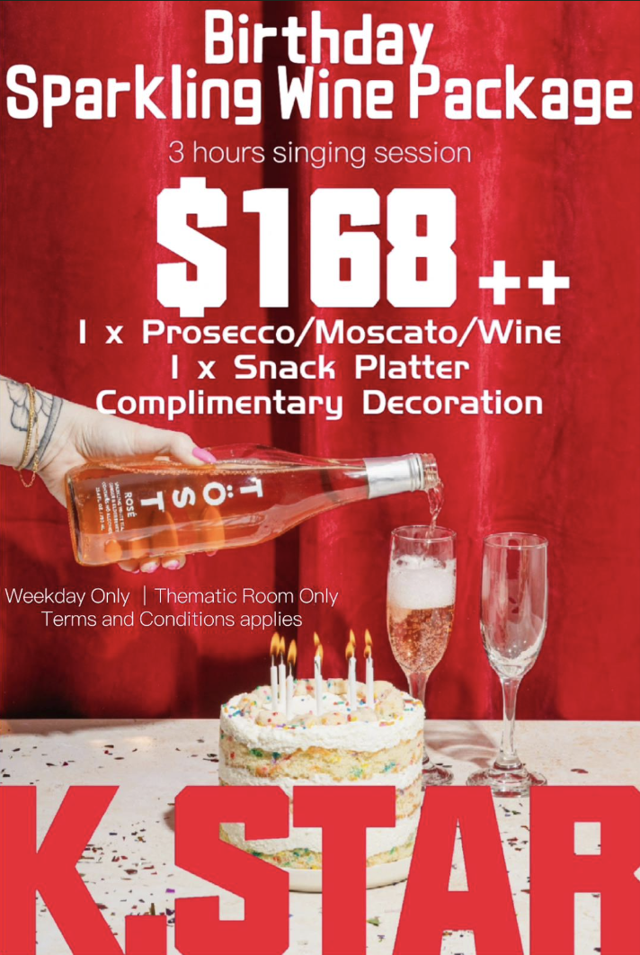 A promotional image for K.STAR's Birthday Sparkling Wine Package, featuring a cake and drinks.