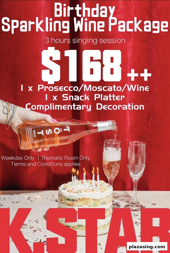 A promotional image for K.STAR's Birthday Sparkling Wine Package, featuring a cake and drinks.
