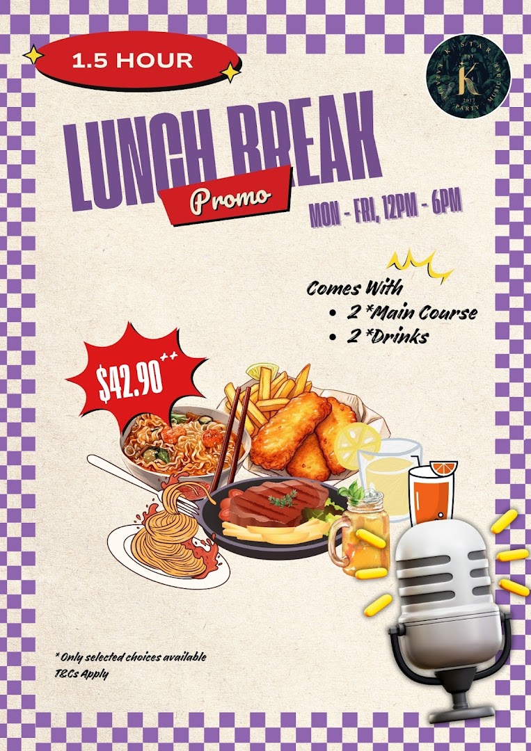 A promotional poster for K.STAR's 'Lunch Break Promo' featuring food and drink illustrations.