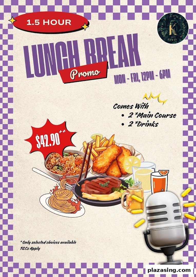 A promotional poster for K.STAR's 'Lunch Break Promo' featuring food and drink illustrations.