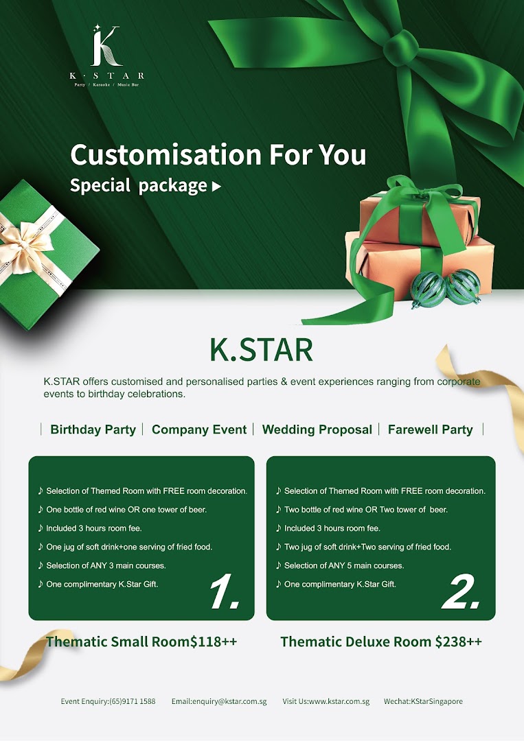 K.STAR's special event packages for themed rooms, including drinks, food, and gifts.