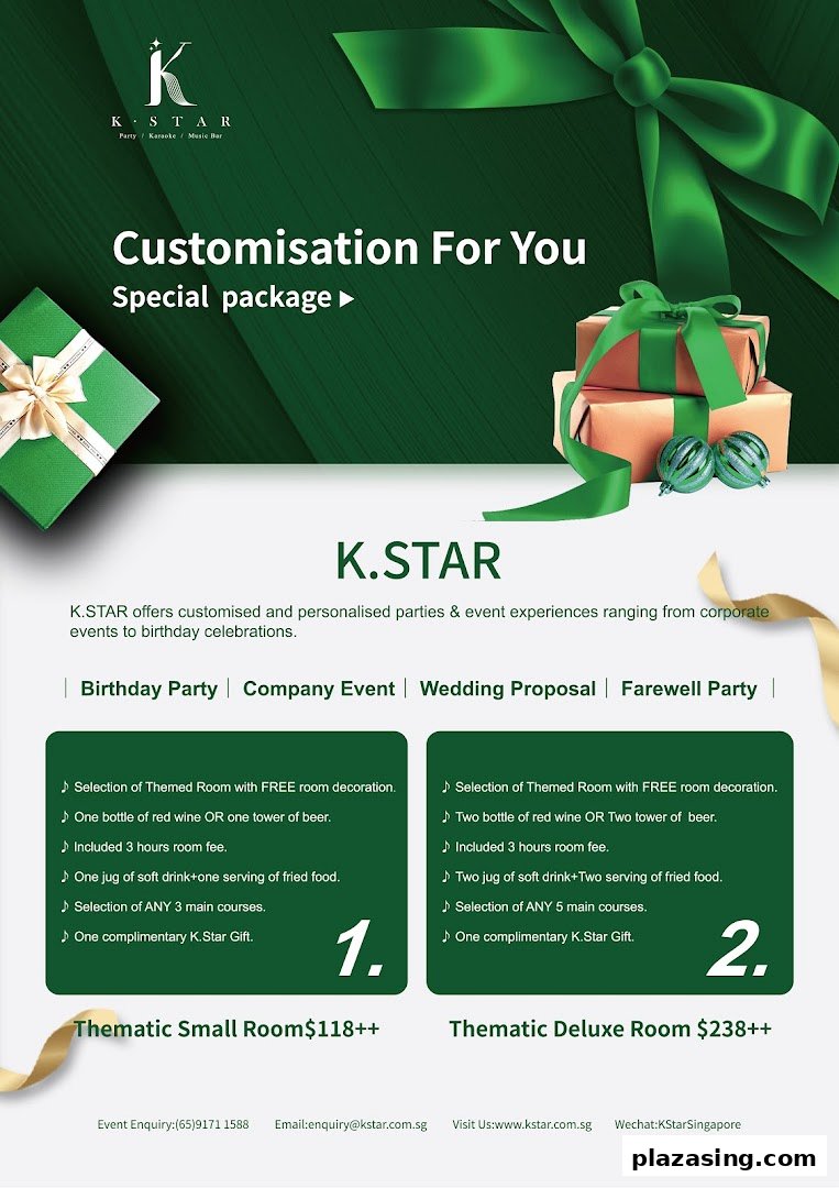 K.STAR's special event packages for themed rooms, including drinks, food, and gifts.