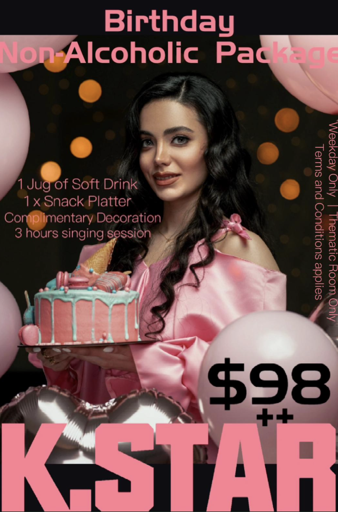 A promotional image for K.STAR's Birthday Non-Alcoholic Package featuring a woman with a cake.