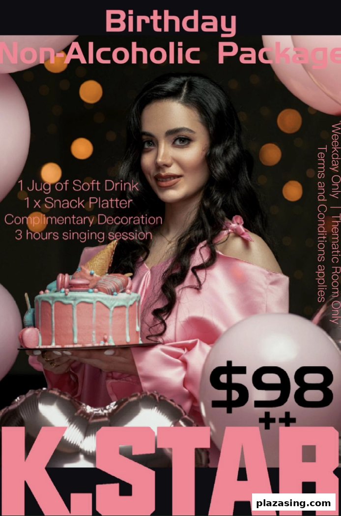 A promotional image for K.STAR's Birthday Non-Alcoholic Package featuring a woman with a cake.