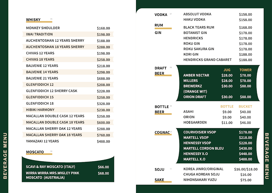 A comprehensive beverage menu featuring whiskies, vodkas, gins, beers, cognacs, moscatos, sojus, and sakes.