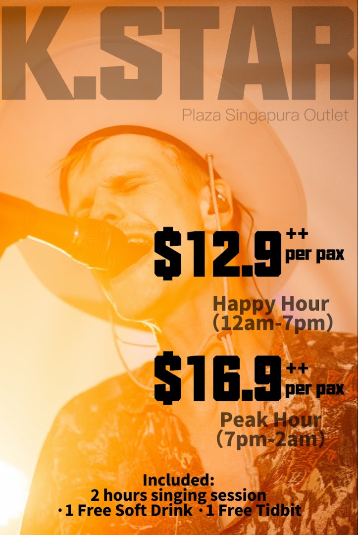 K.STAR Plaza Singapura's karaoke pricing for happy and peak hours, including inclusions.