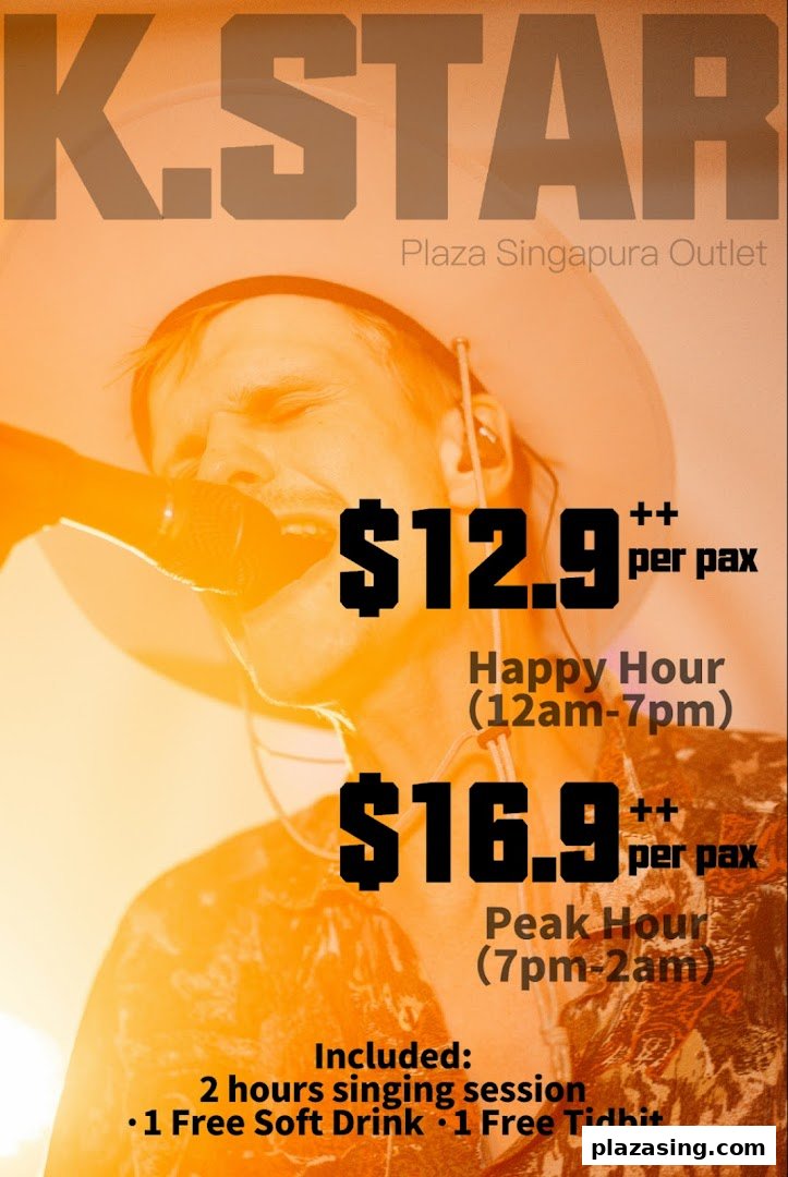 K.STAR Plaza Singapura's karaoke pricing for happy and peak hours, including inclusions.