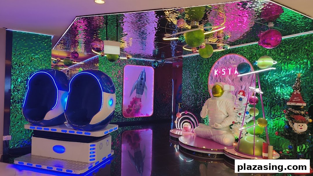Vibrant, space-themed entertainment venue interior with VR pods and astronaut display.
