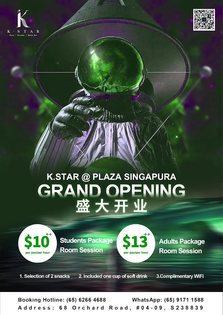Promotional poster for K.STAR @ Plaza Singapura's grand opening, featuring student and adult karaoke room session packages.