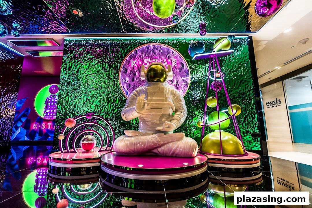 Vibrant, space-themed shop entrance with an astronaut figure and neon lights at K.STAR.