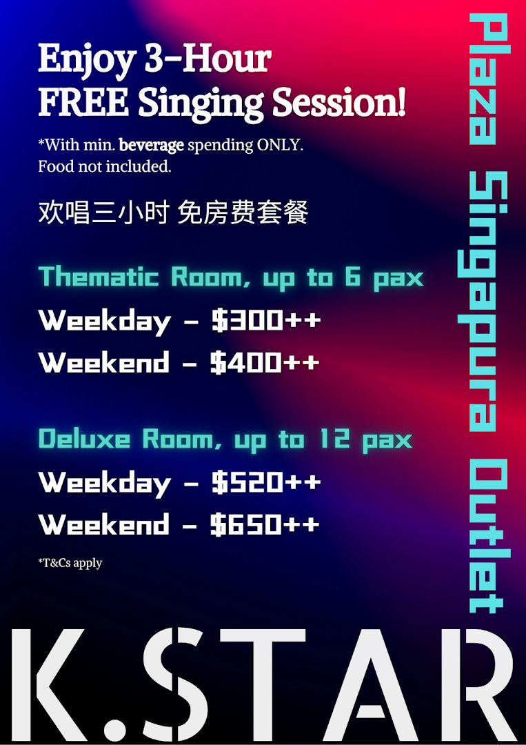An advertisement displaying K.STAR's karaoke room rates and a free singing session offer.