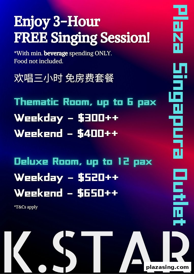 An advertisement displaying K.STAR's karaoke room rates and a free singing session offer.