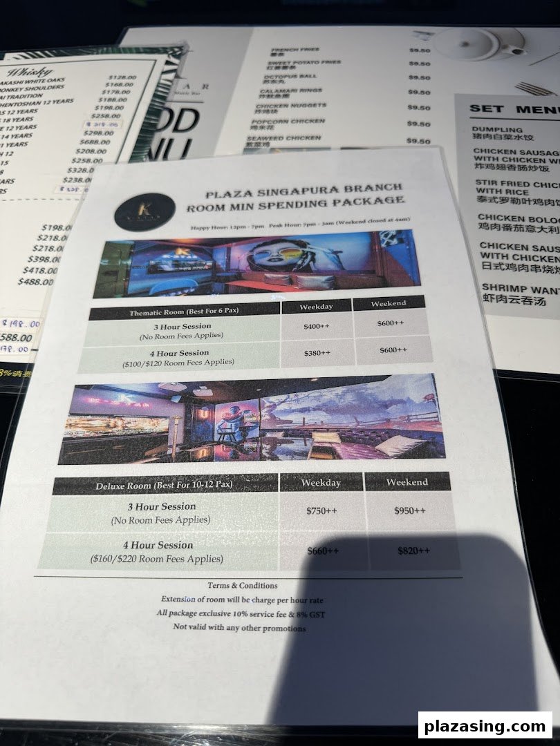 A menu displaying K.STAR's room spending packages, whisky, snacks, and set menu items.
