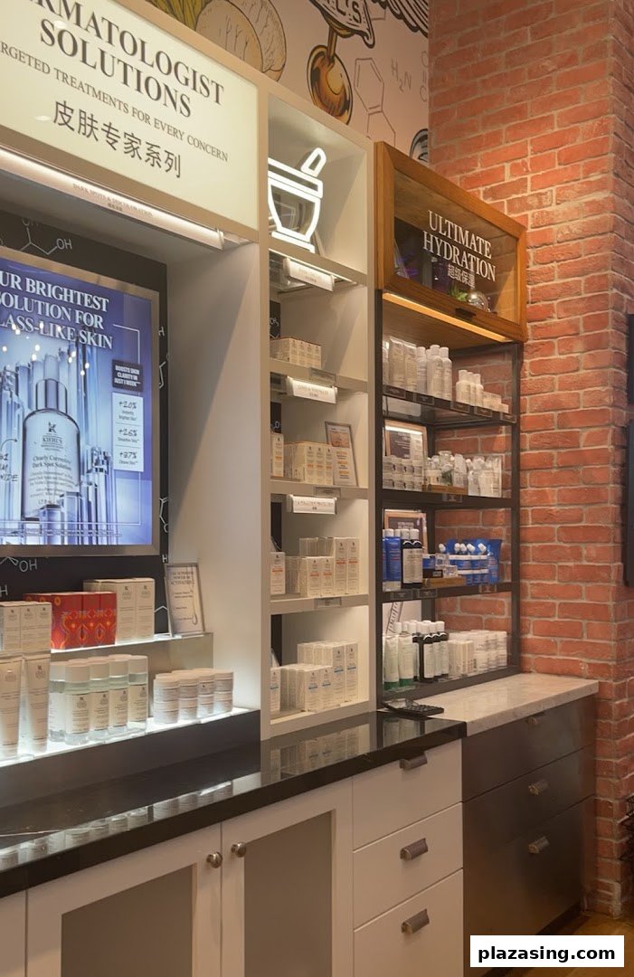 Interior view of Kiehl's skincare display featuring dermatologist solutions, hydration products, and bright skin treatments.