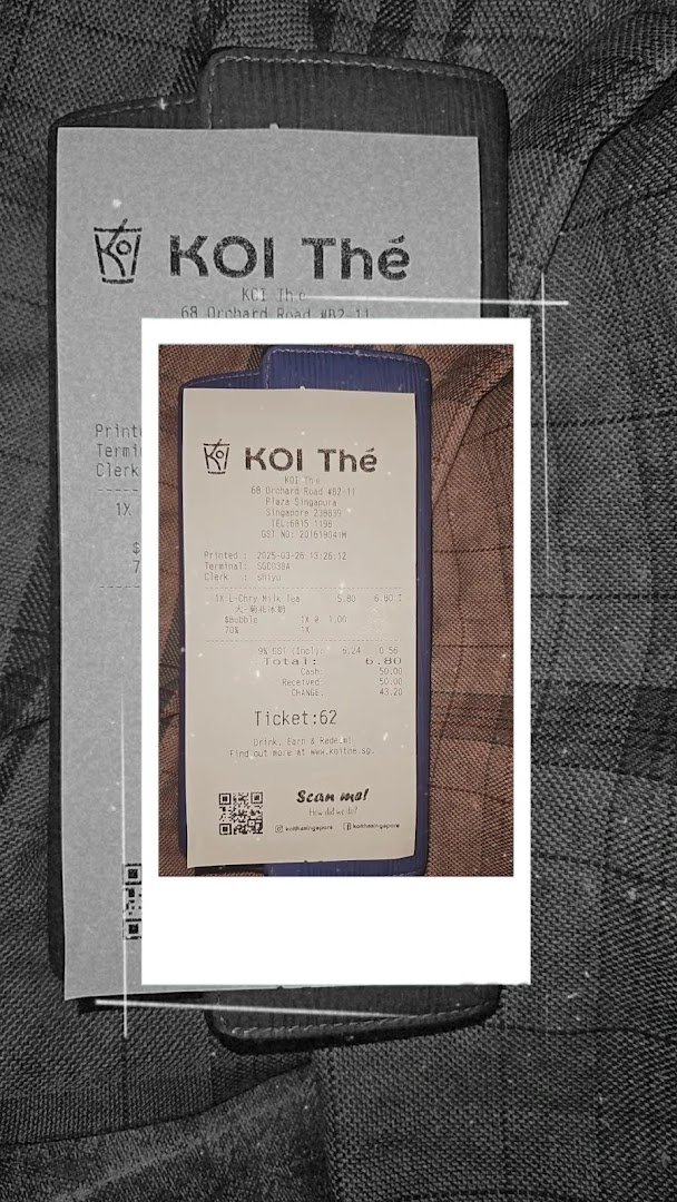 A detailed receipt from KOI Thé Plaza Singapura, showing a purchase of L-Chry Milk Tea with bubble.