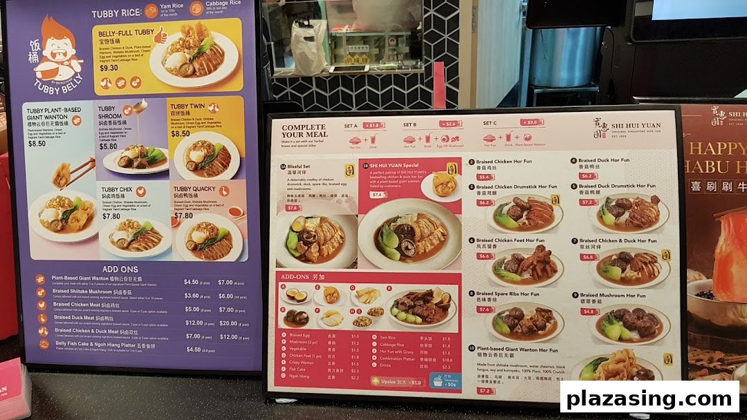 Two vibrant menu boards showcasing a variety of traditional Asian rice and hor fun dishes with add-ons.