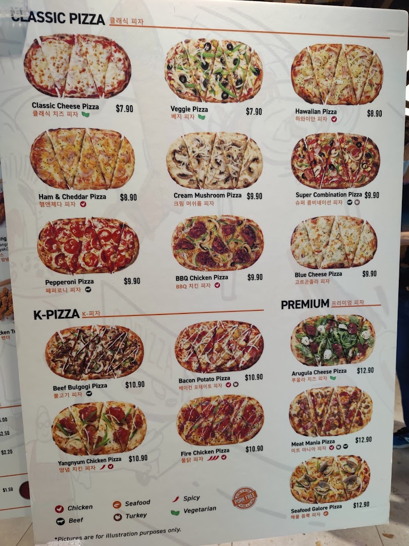 A detailed menu board displaying various pizza options with prices and images.