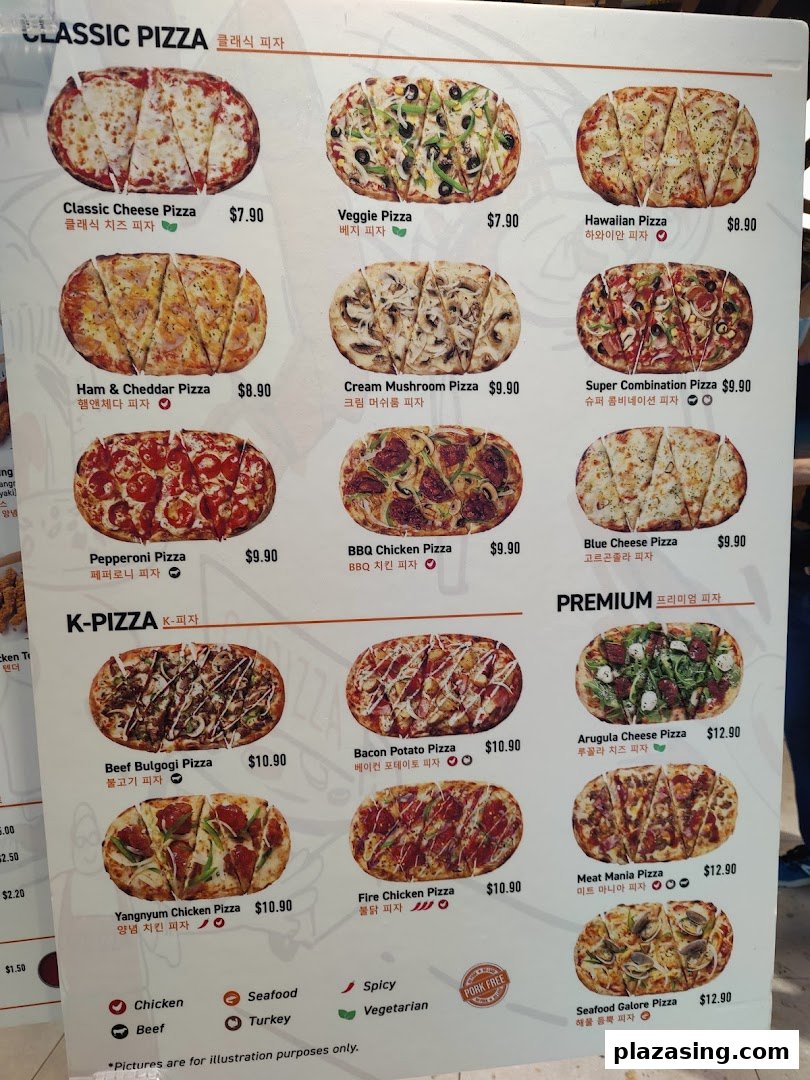 A detailed menu board displaying various pizza options with prices and images.