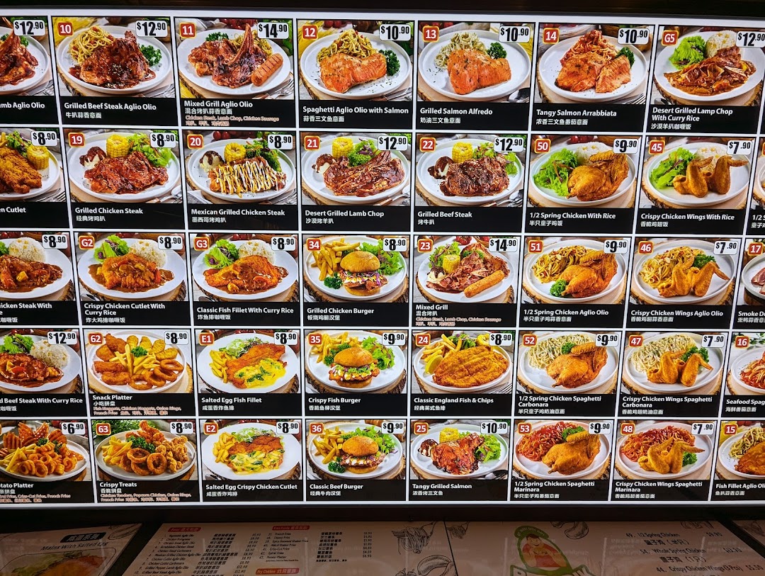 A vibrant digital menu board displaying a wide array of Western and Asian fusion dishes with prices.