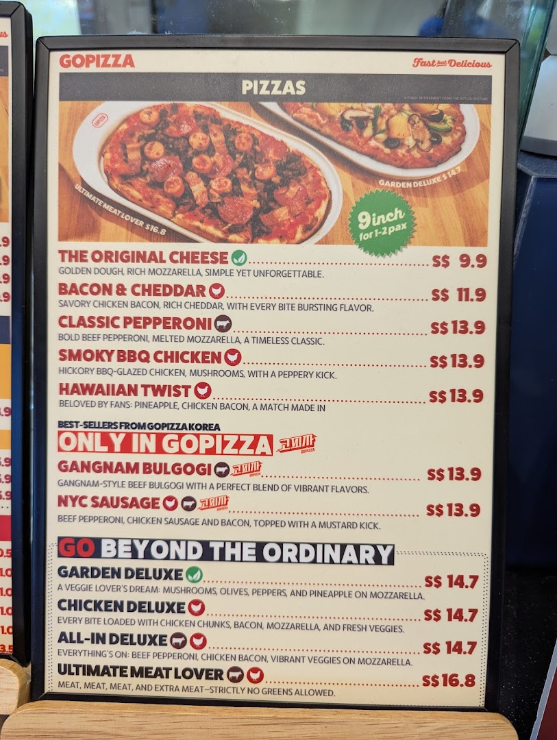 A detailed menu board for GOPIZZA, showcasing various pizza options with descriptions and prices.
