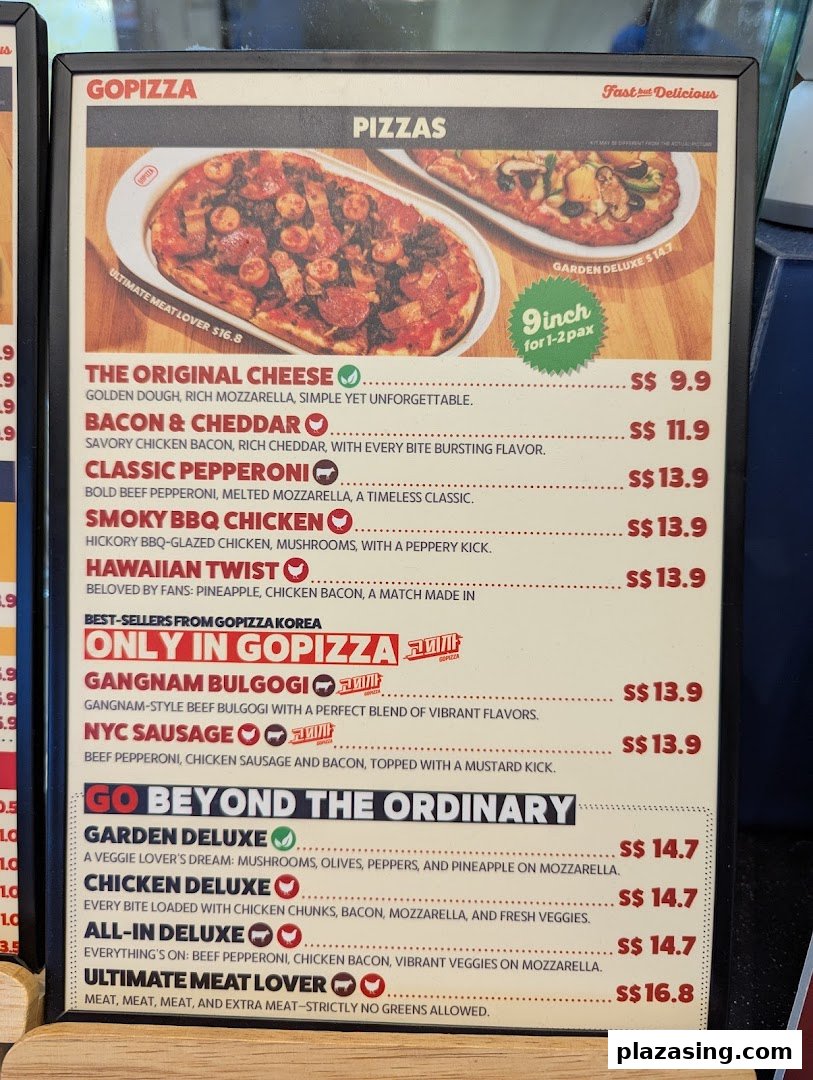 A detailed menu board for GOPIZZA, showcasing various pizza options with descriptions and prices.