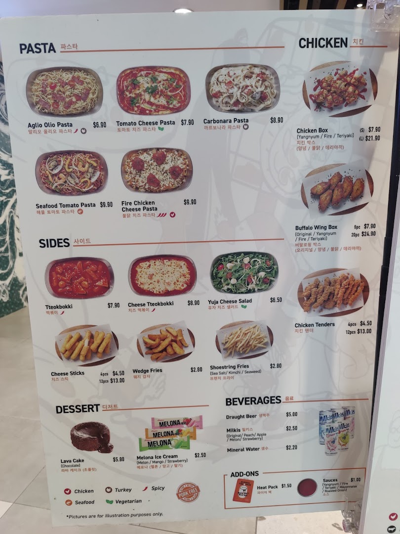 A detailed menu board displaying various pasta, chicken, sides, desserts, and beverages with prices.