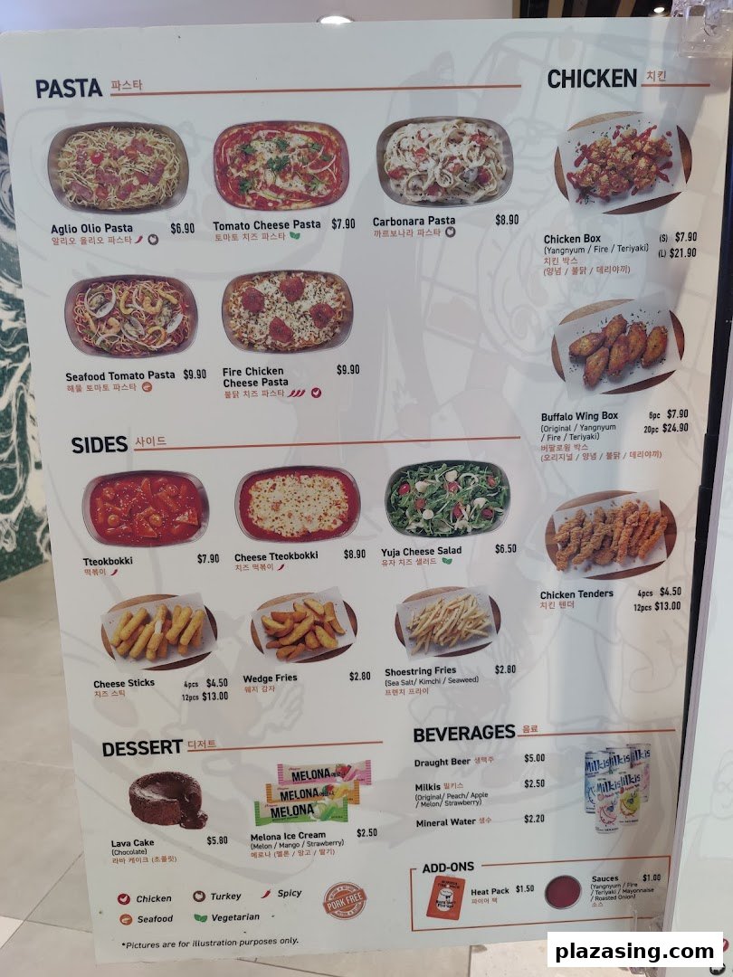 A detailed menu board displaying various pasta, chicken, sides, desserts, and beverages with prices.