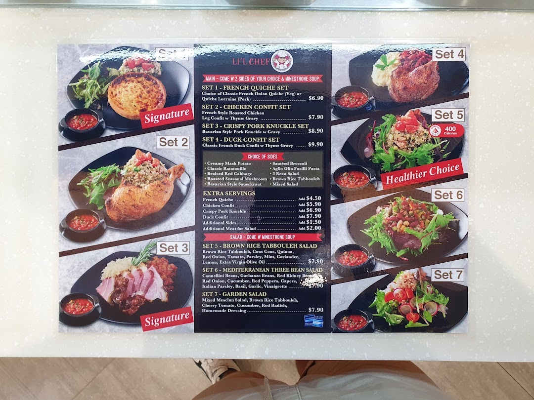 A detailed menu board for Li'l Chef, showcasing various main courses, salads, and side options with prices.