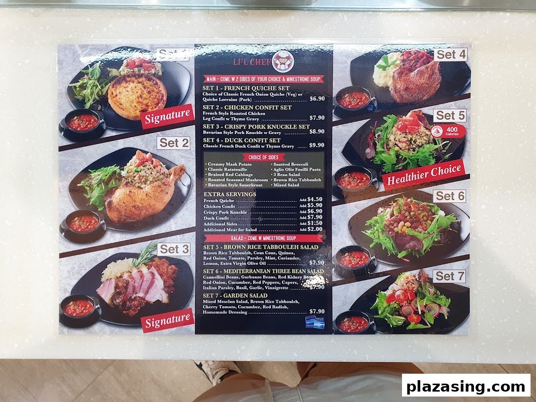 A detailed menu board for Li'l Chef, showcasing various main courses, salads, and side options with prices.