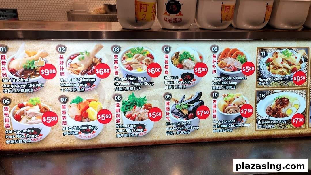 A vibrant menu board displaying various traditional Chinese soups and main dishes with prices.