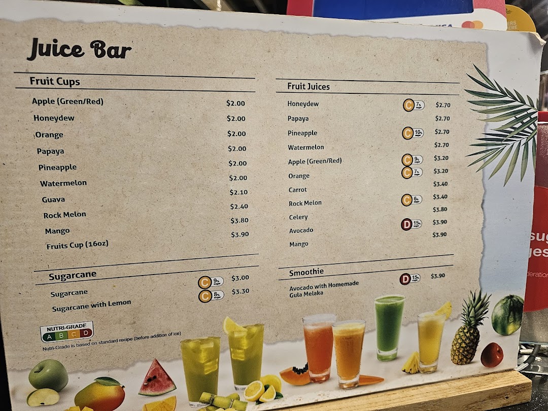 A detailed menu board for a Juice Bar, featuring fruit cups, fresh juices, sugarcane drinks, and smoothies.