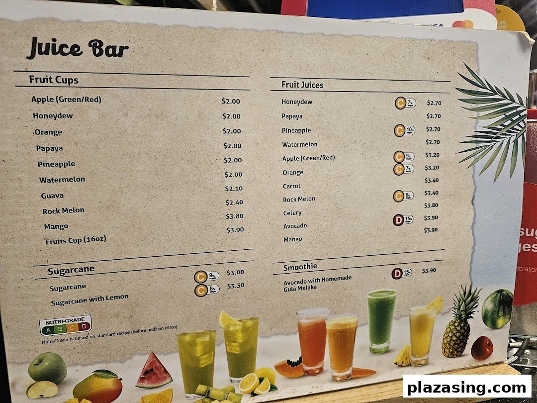 A detailed menu board for a Juice Bar, featuring fruit cups, fresh juices, sugarcane drinks, and smoothies.