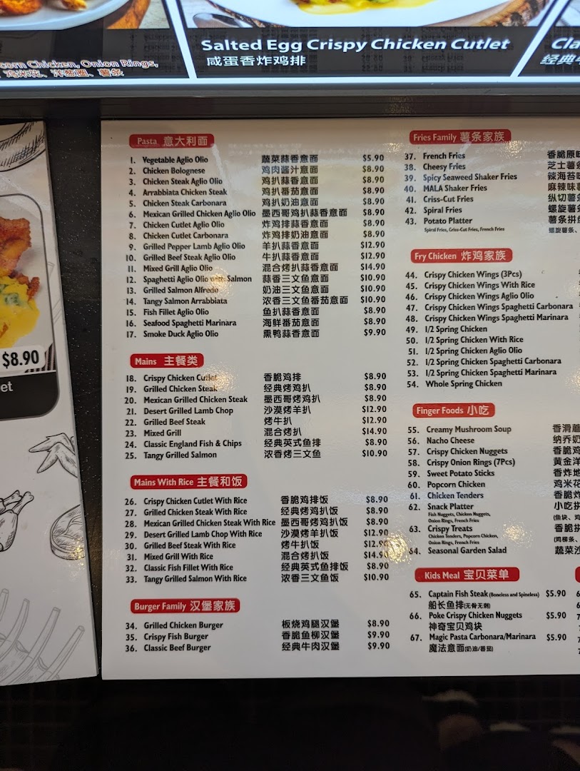 A detailed menu board displaying a wide variety of Western and Asian fusion dishes with prices.
