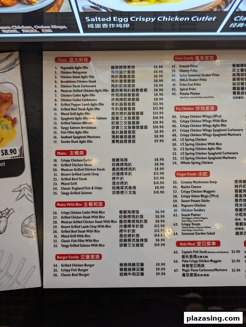 A detailed menu board displaying a wide variety of Western and Asian fusion dishes with prices.