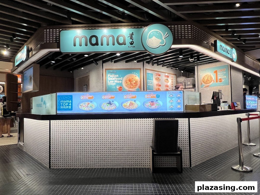 A brightly lit food stall named 'mama!' showcasing various Fujian seafood noodle dishes and special offers.